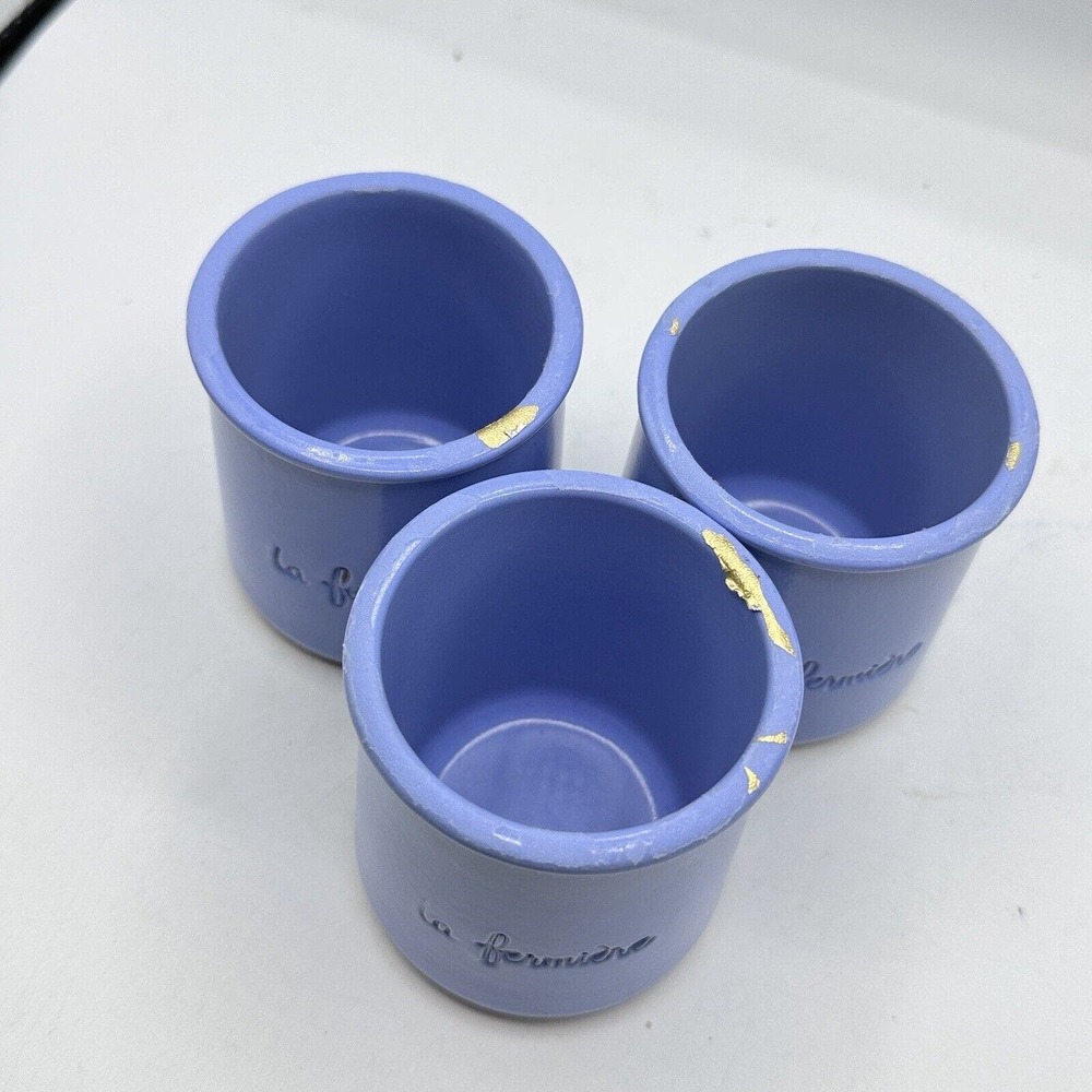 Set Of 3 La Fermiere Periwinkle Terra Cotta Pottery Yogurt Pots - Picture 3 of 5